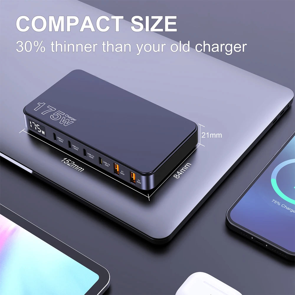 175W GaN LED Display 6-Port Desktop Charger