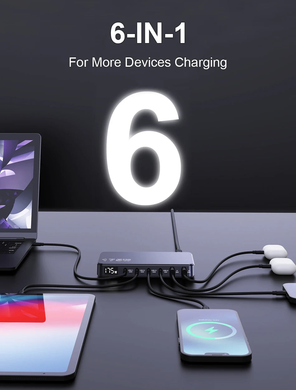 175W GaN LED Display 6-Port Desktop Charger