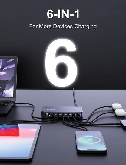 175W GaN LED Display 6-Port Desktop Charger