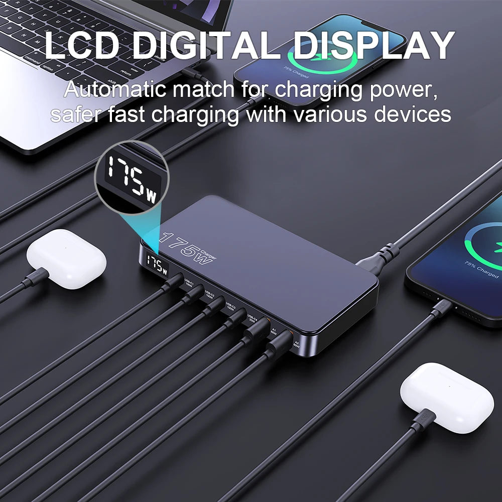 175W GaN LED Display 6-Port Desktop Charger