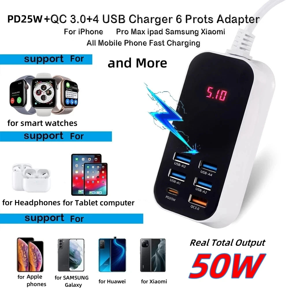 Real 50W 6-Ports USB Quick Charger Adapter