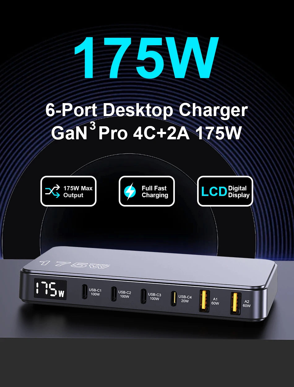 175W GaN LED Display 6-Port Desktop Charger
