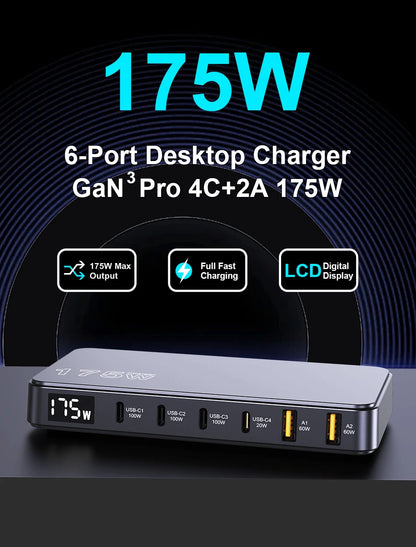 175W GaN LED Display 6-Port Desktop Charger