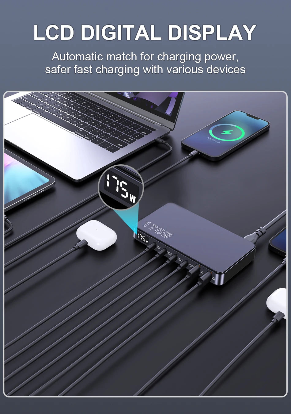 175W GaN LED Display 6-Port Desktop Charger