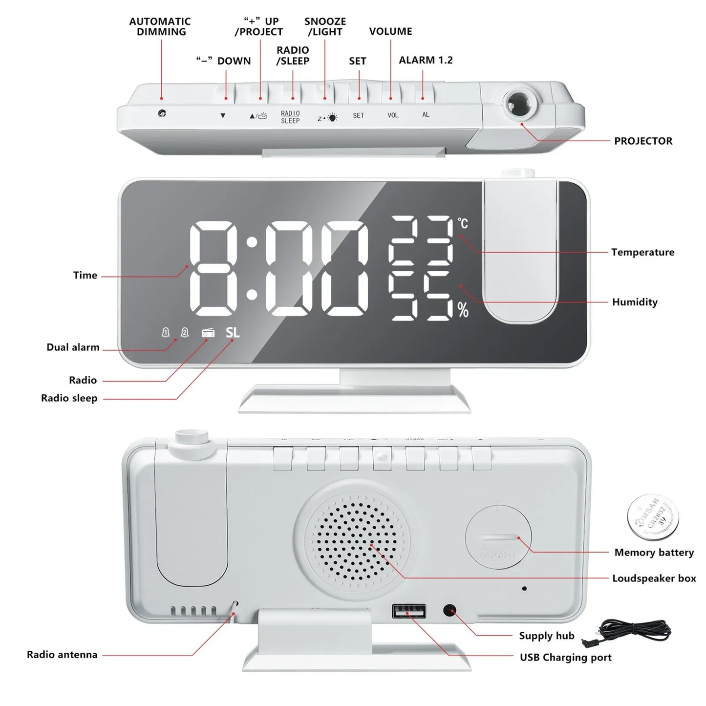 LED Digital Projection Clock Radio