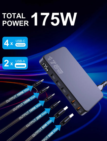 175W GaN LED Display 6-Port Desktop Charger