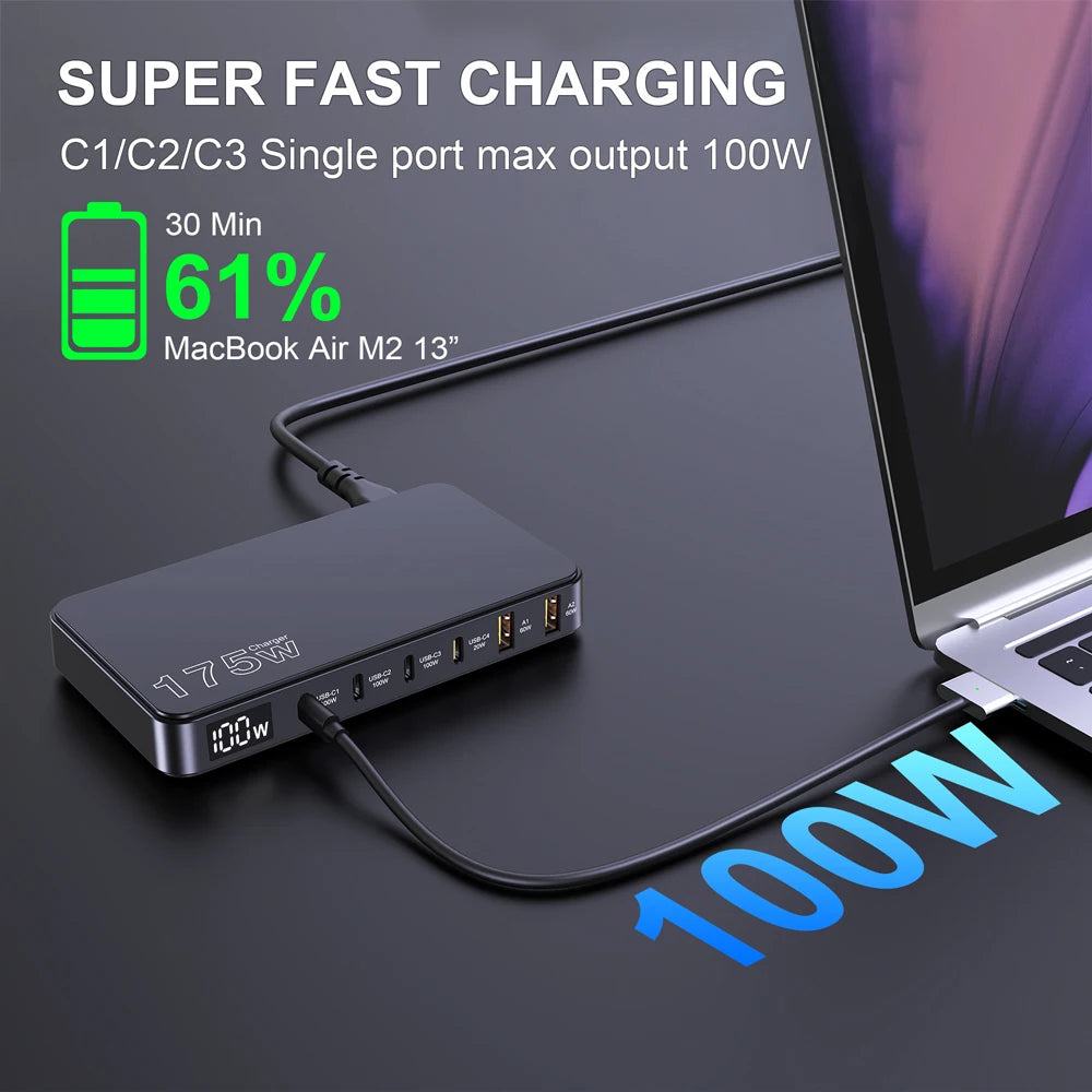 175W GaN LED Display 6-Port Desktop Charger