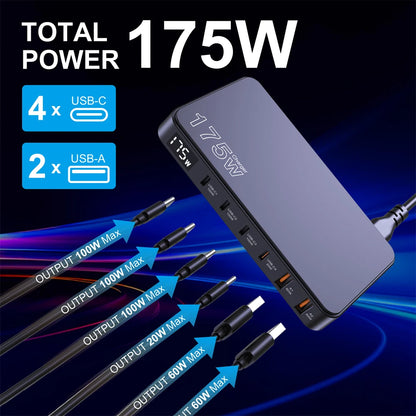 175W GaN LED Display 6-Port Desktop Charger