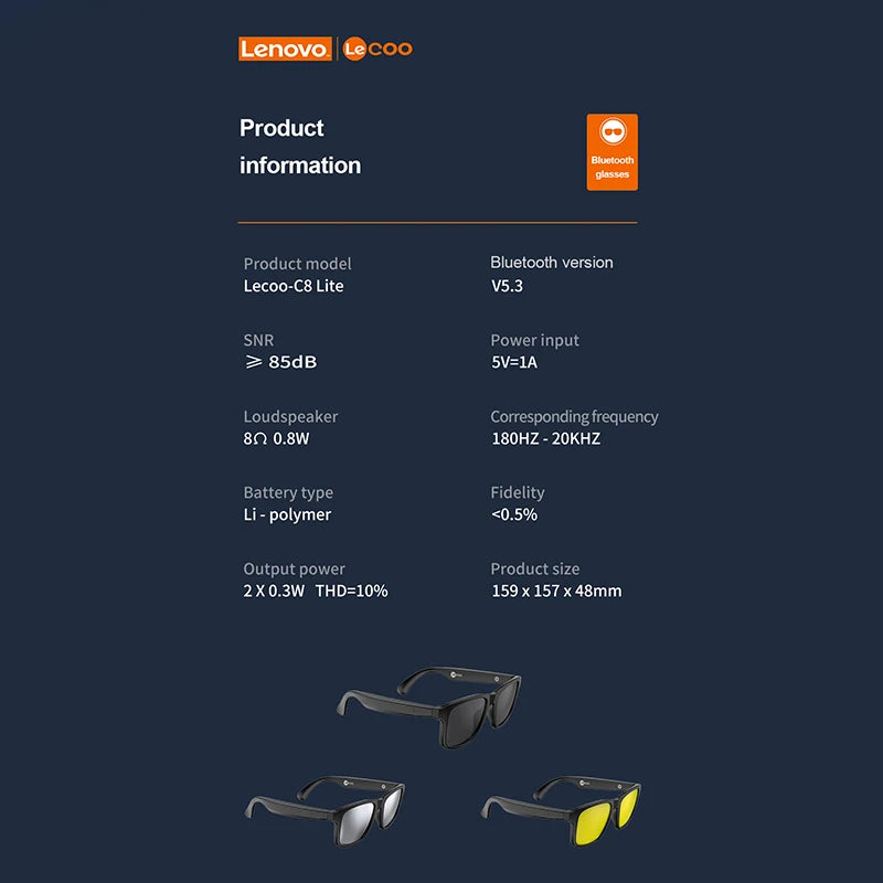 Lenovo C8 HiFi HD Call Sunglasses Earphone
